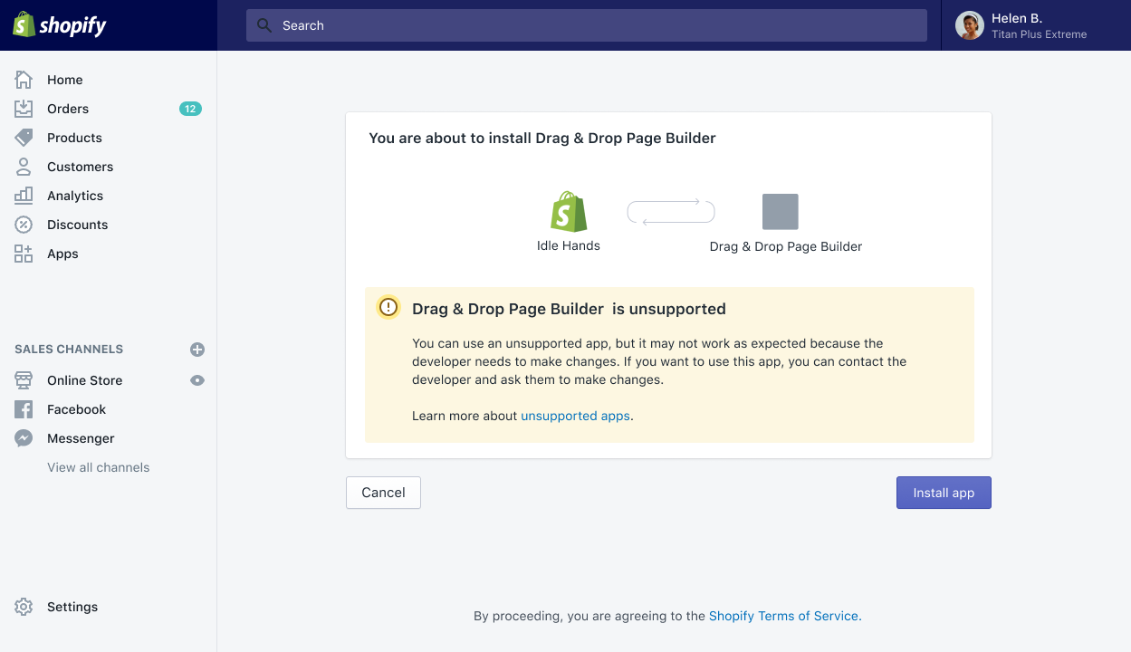 Screenshot of user warnings for unsupported apps