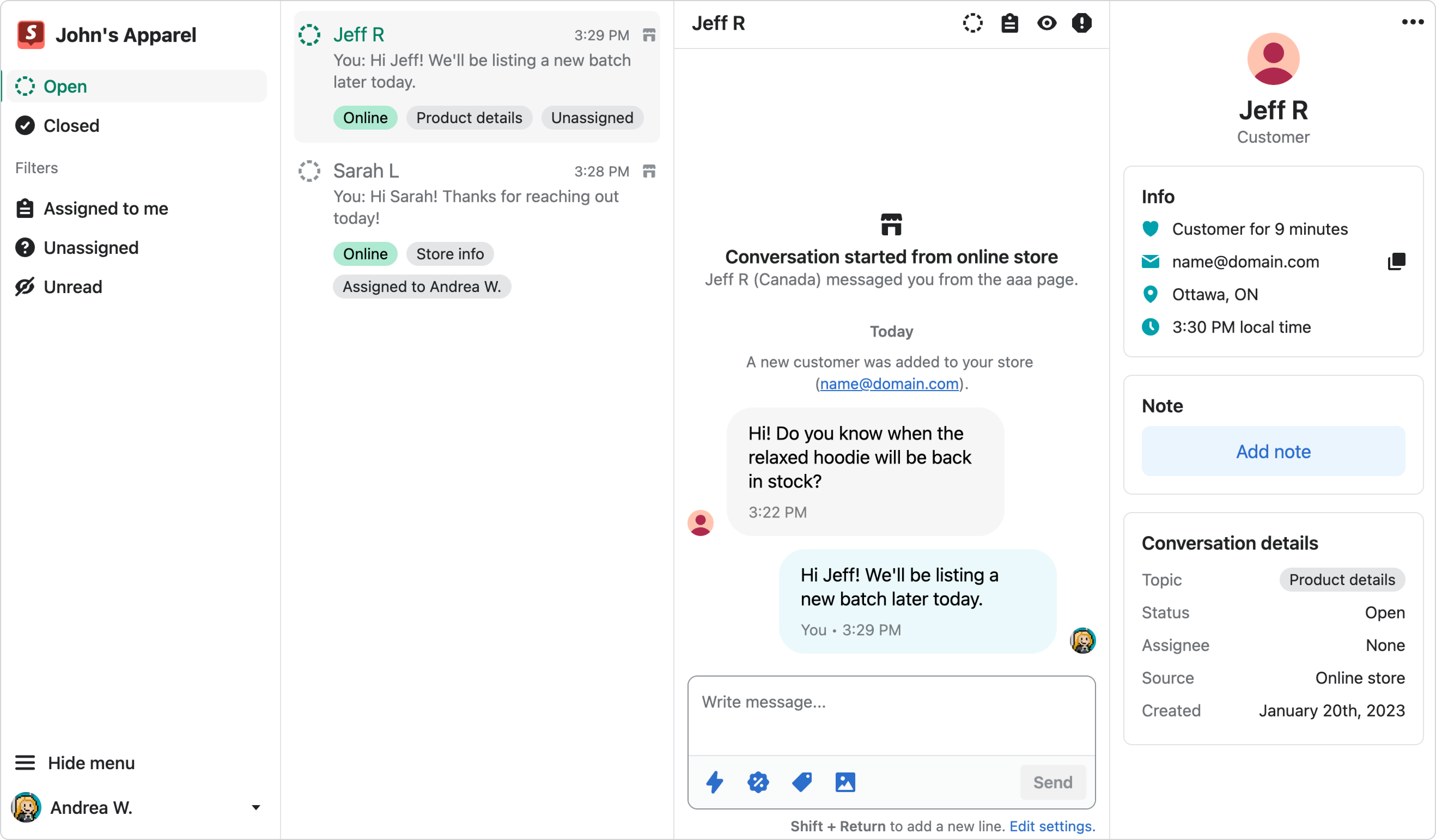 Screenshot of the inbox of the Shopify Inbox app.