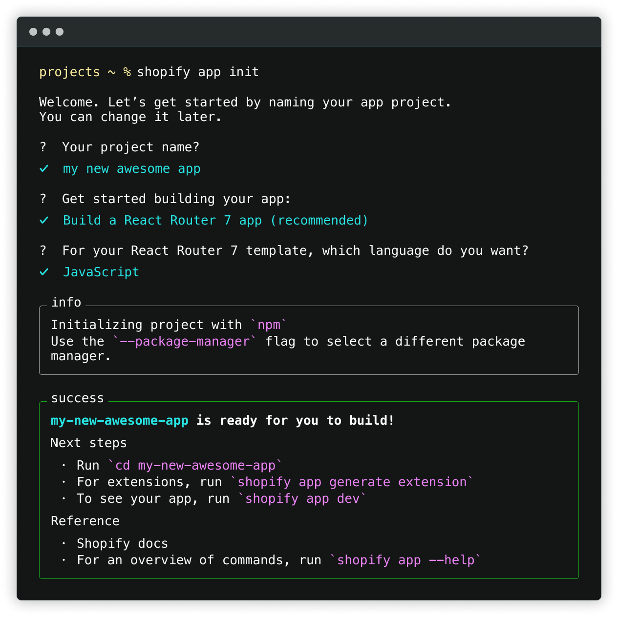 An image showing an app being created in the terminal.
