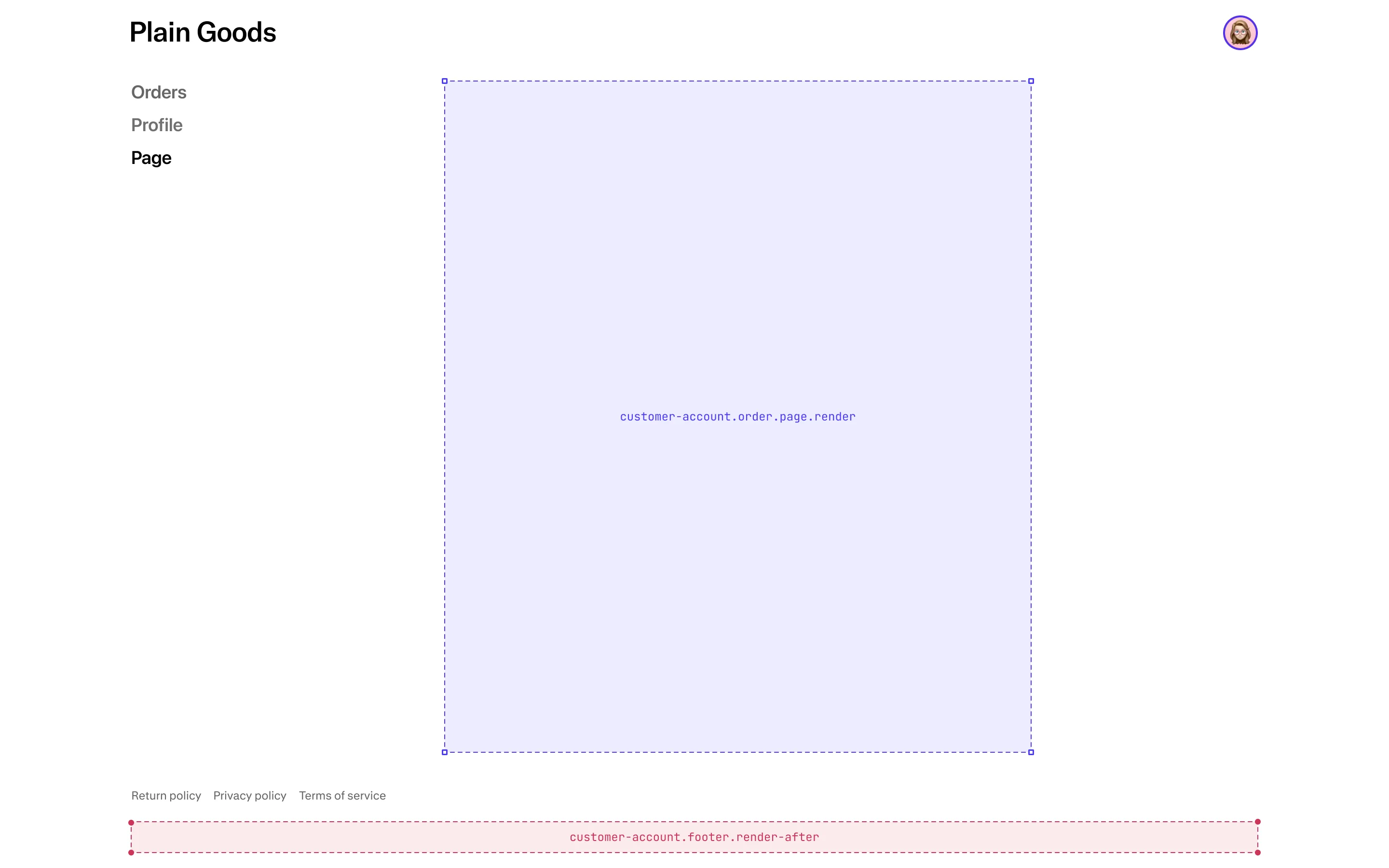 Diagram of customer accounts showing where full-page extension targets render on the page, using the narrow width.