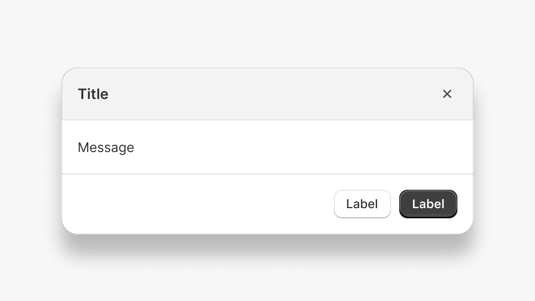 A close-up image of a modal. In the modal's title area is the word title. In the upper-right corner is an x icon to dismiss the modal. In the body of the modal, the word message appears. The modal features two buttons: a white button with the label Secondary action, and a green button with the label Primary action.