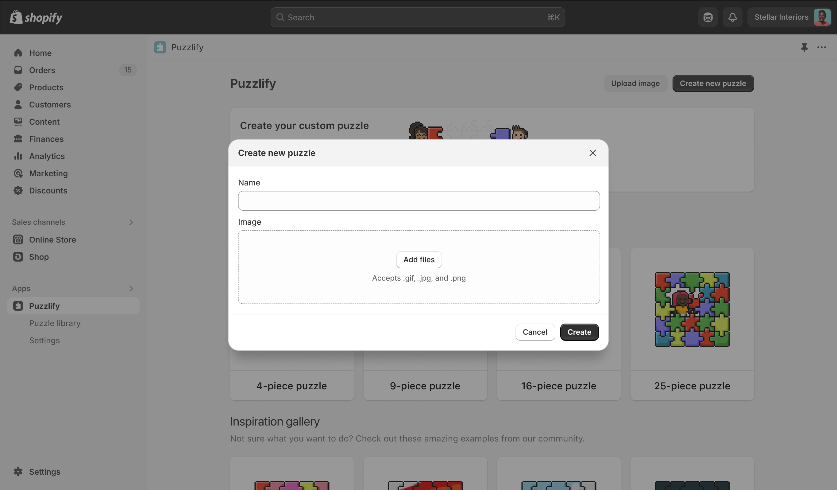 An App Bridge modal in an embedded app inside the Shopify admin. The modal displays the title: Create new puzzle. It features two form fields in the content: a text field with the label Name and an Add files field with the label Image. It features two buttons: a white button with the label Cancel, and a black button with the label Create.