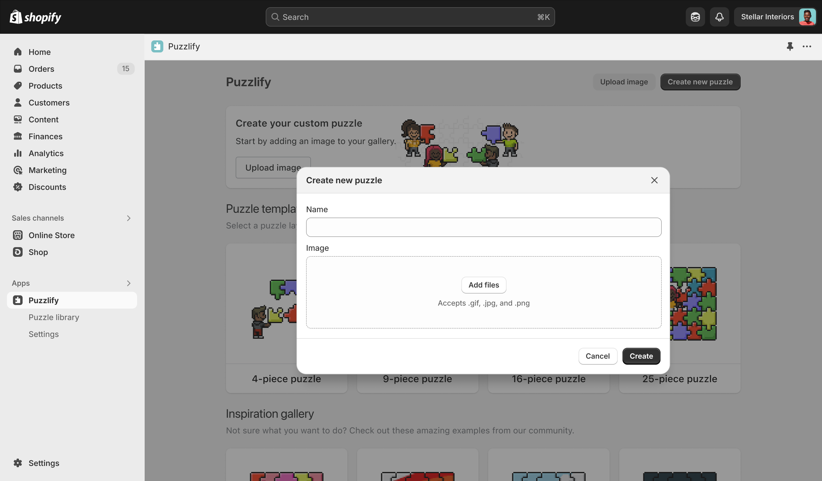 A Polaris React modal in an embedded app inside the Shopify admin. The modal displays the title: Create new puzzle. It features two form fields in the content: a text field with the label Name and an Add files field with the label Image. It features two buttons: a white button with the label Cancel, and a black button with the label Create.