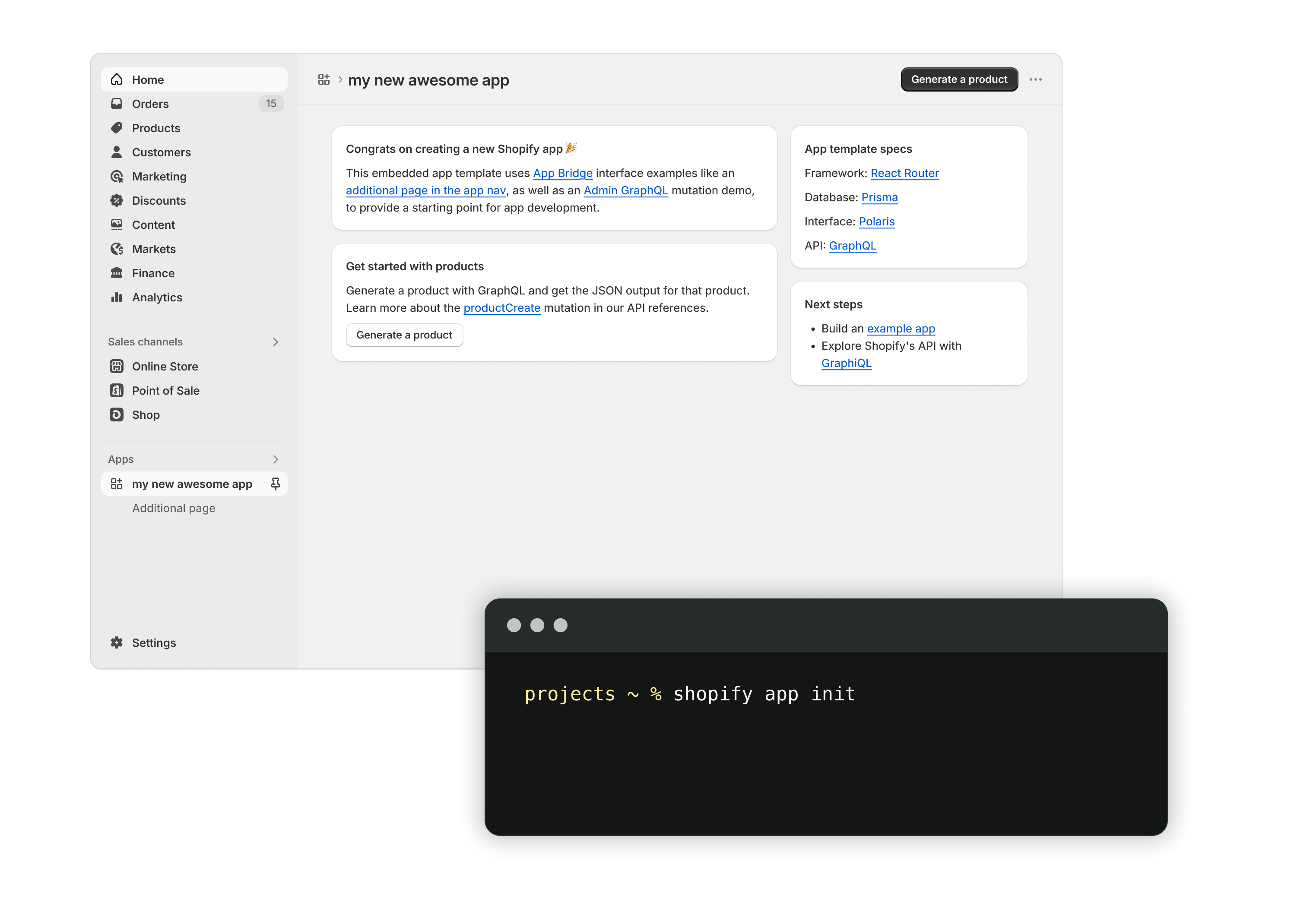 Screenshot showing a simple embedded app in the Shopify admin