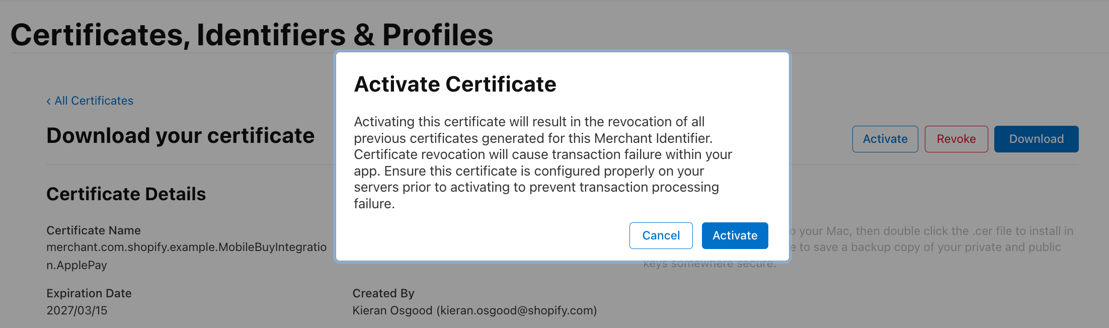 Activate Certificate Modal