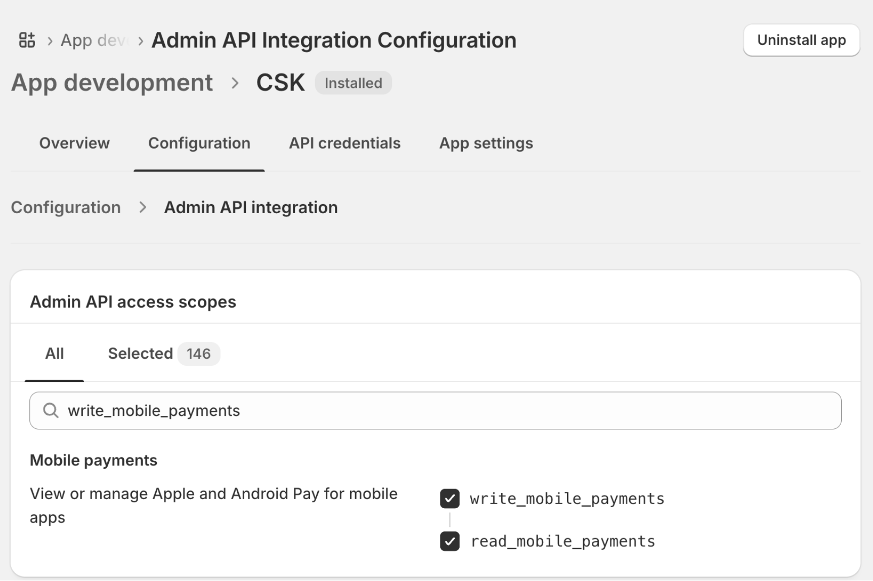 Admin API access scopes interface showing write_mobile_payments and read_mobile_payments scopes