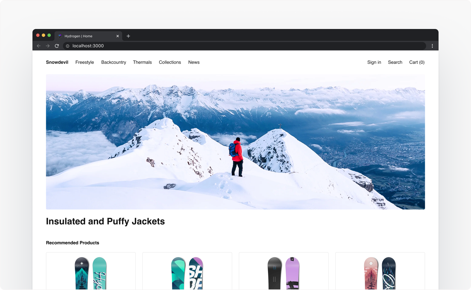 A Hydrogen storefront showing data from shopify