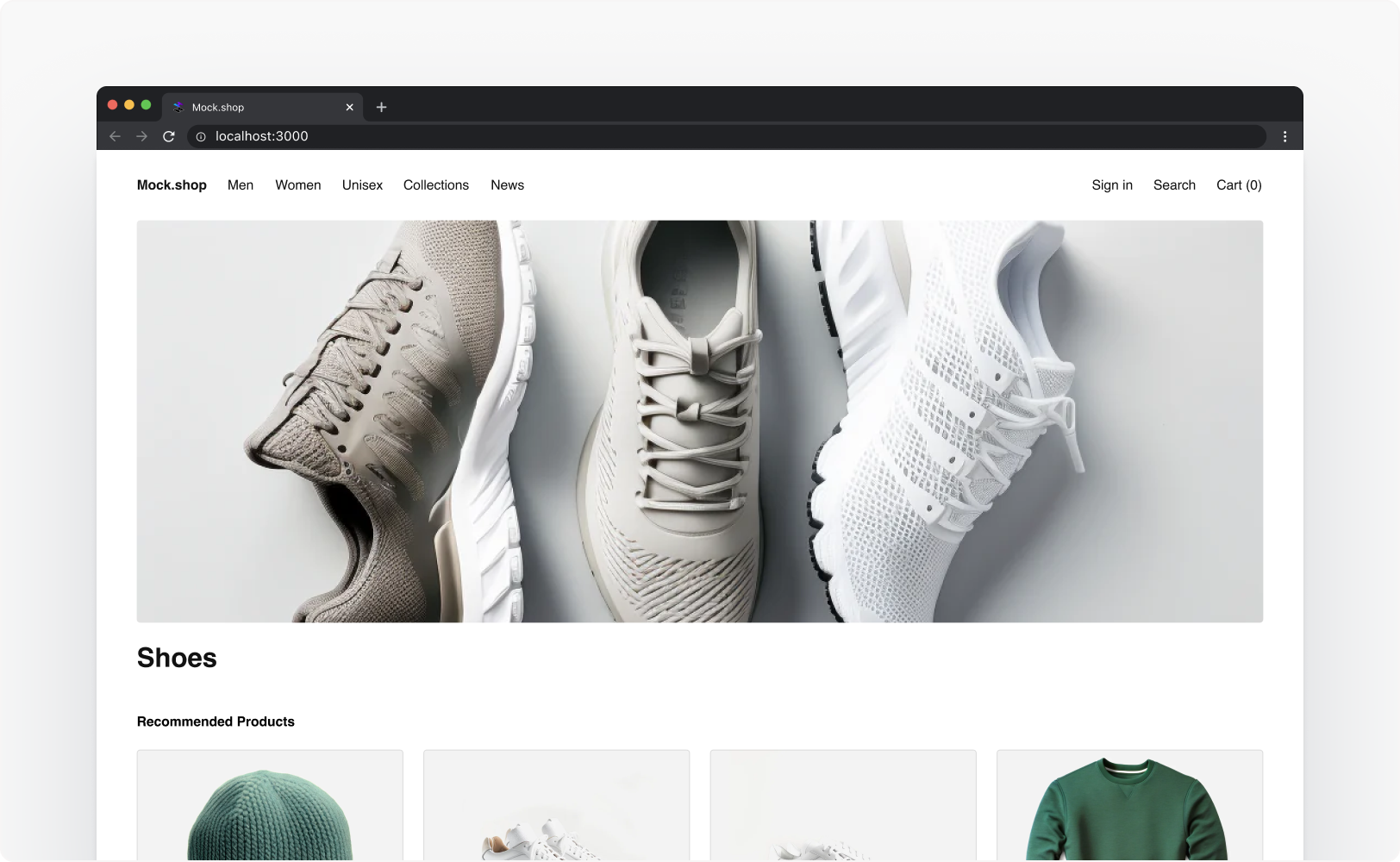 A Hydrogen storefront showing example data from Mock.shop