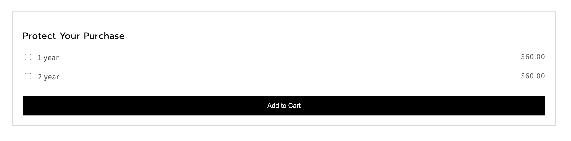 Snippet rendering product variant options for warranties.