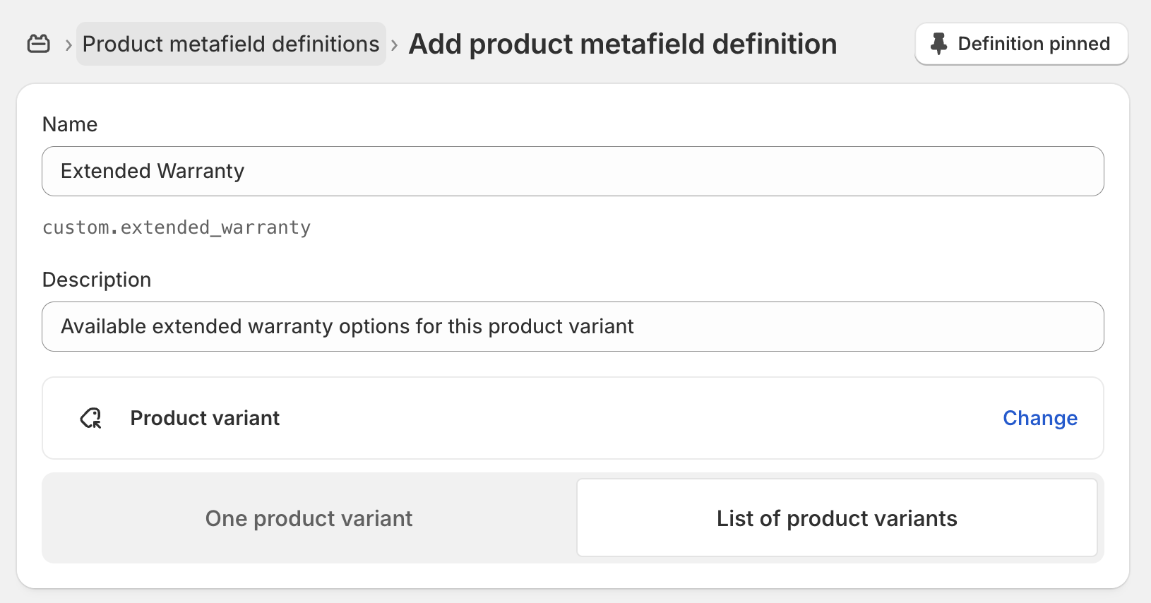 Metafield definition for extended warranty