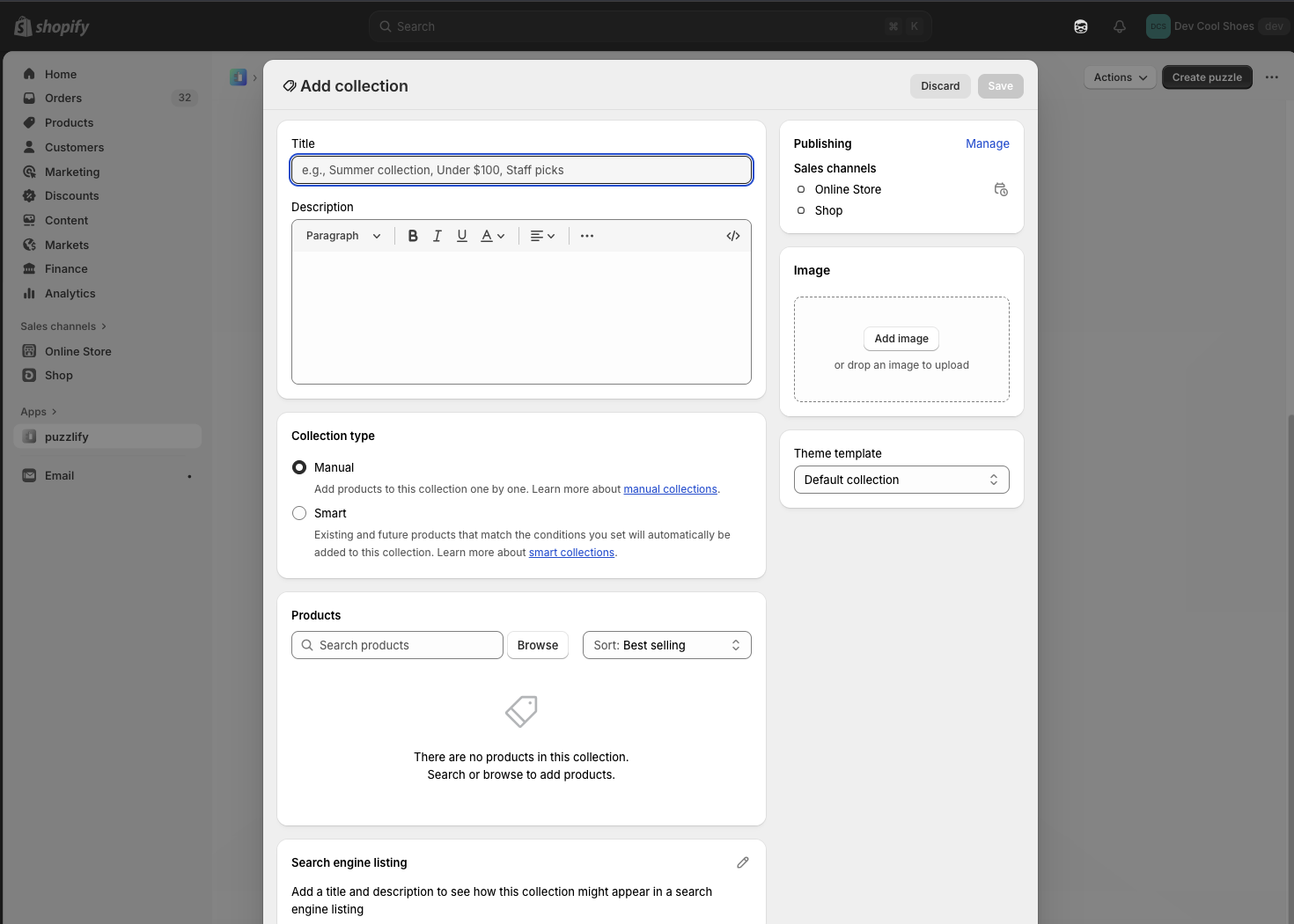 Launch the collection creation workflow in the Shopify admin. The merchant completes the form using the standard Shopify admin UI, and your app receives the result when the workflow completes.