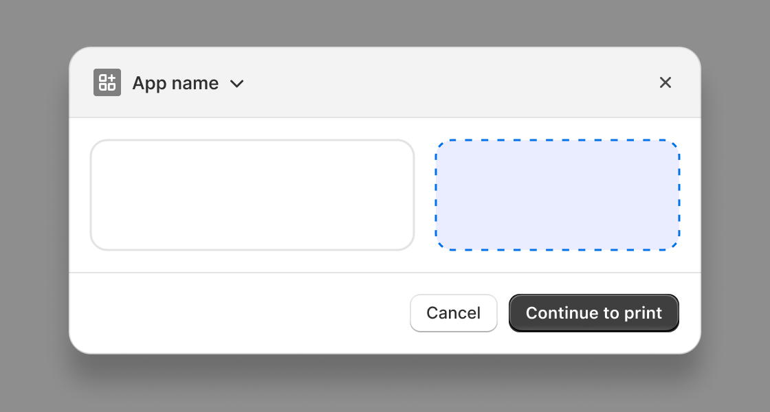 Set the print source URL for an admin print action extension. This example shows the component pointing to an external URL for printing.