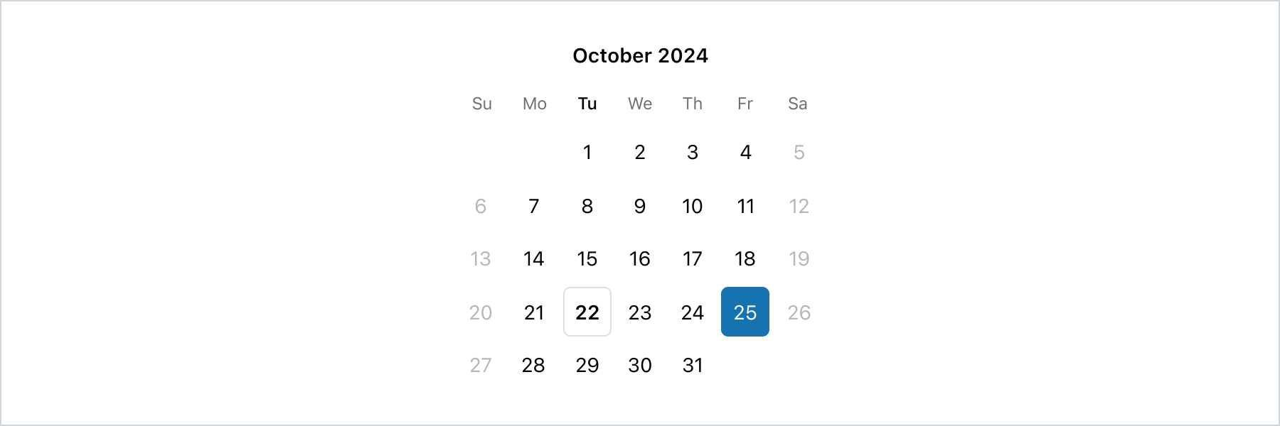 A calendar date picker showing the current month with selectable dates