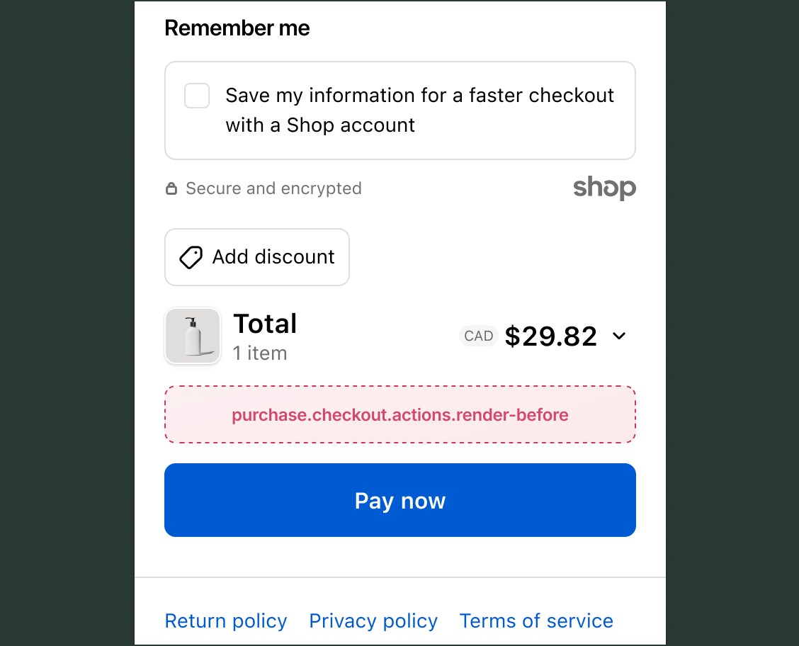 Checkout page showing order total, discount code field, and the purchase.checkout.actions.render-before target slot directly above the Pay now button.