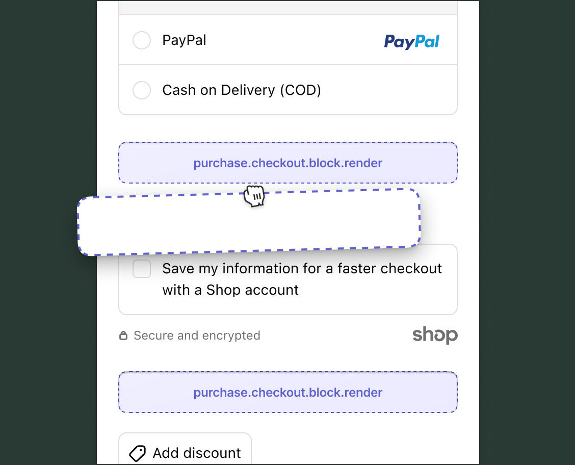 Checkout page showing payment options (PayPal, Cash on Delivery) with two purchase.checkout.block.render target slots, one between the payment methods and the Remember me section and one near the discount code field.