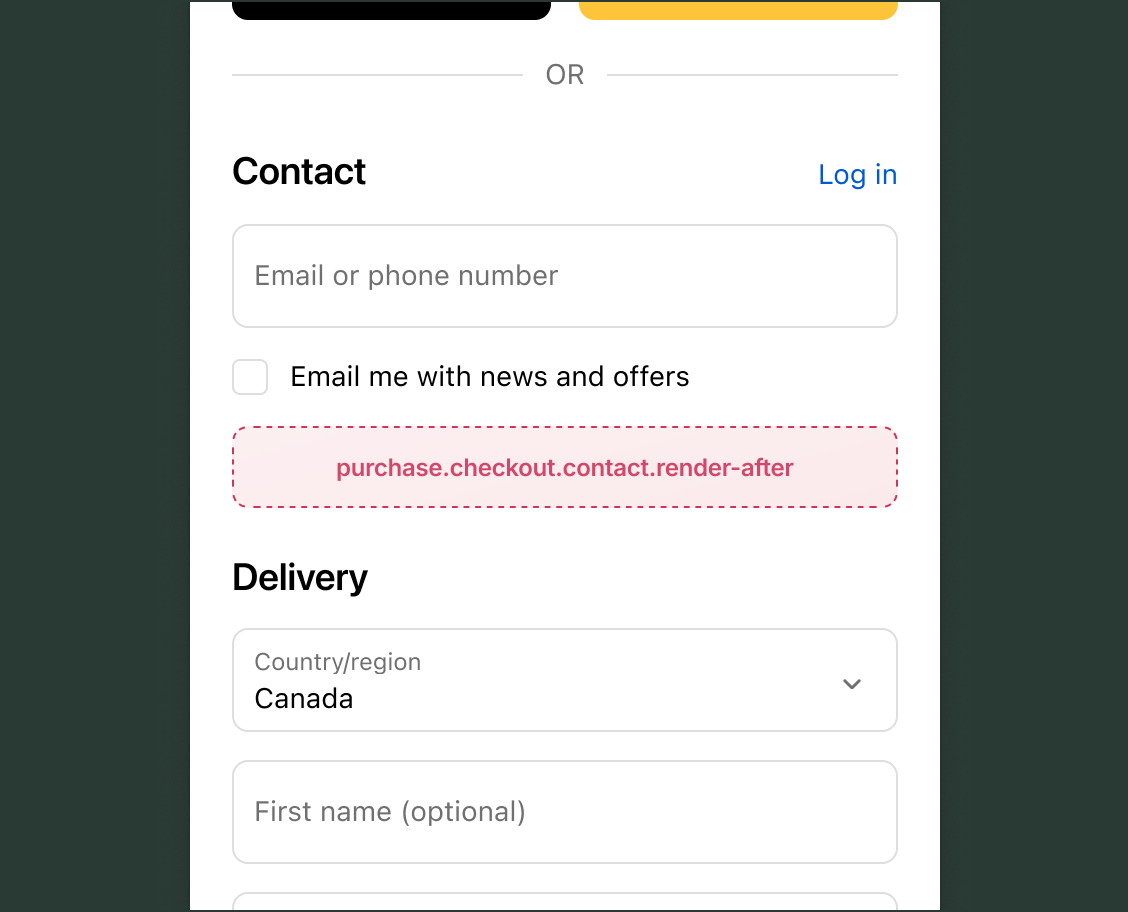 Checkout Contact section showing an email field and a marketing opt-in checkbox, with the purchase.checkout.contact.render-after target slot below the contact fields, above the Delivery section.