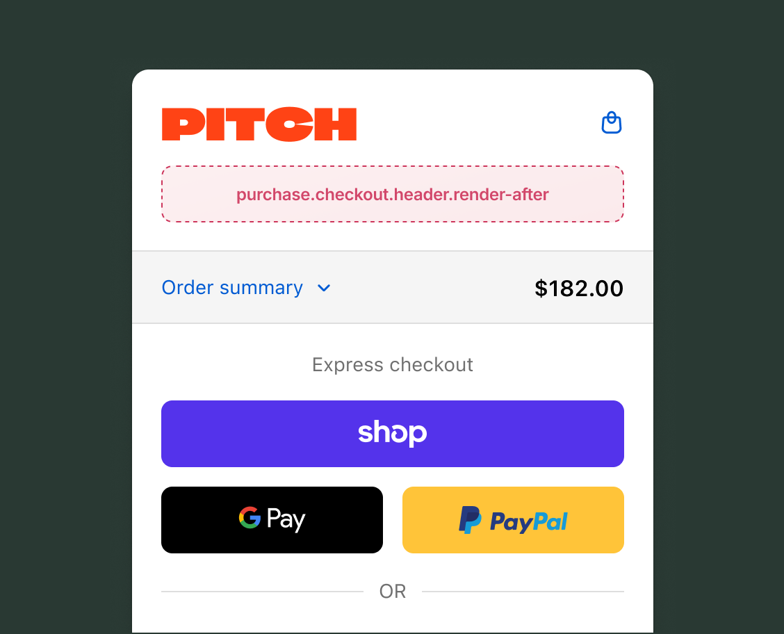 Checkout page showing the store logo at the top with the purchase.checkout.header.render-after target slot directly below the header, above the order summary and express checkout options.