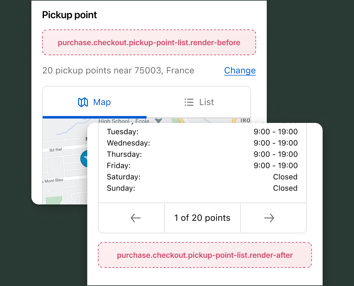 Checkout Pickup point section showing purchase.checkout.pickup-point-list.render-before above a map of 20 nearby pickup points with a card showing opening hours and pagination, and purchase.checkout.pickup-point-list.render-after below the pickup point list.