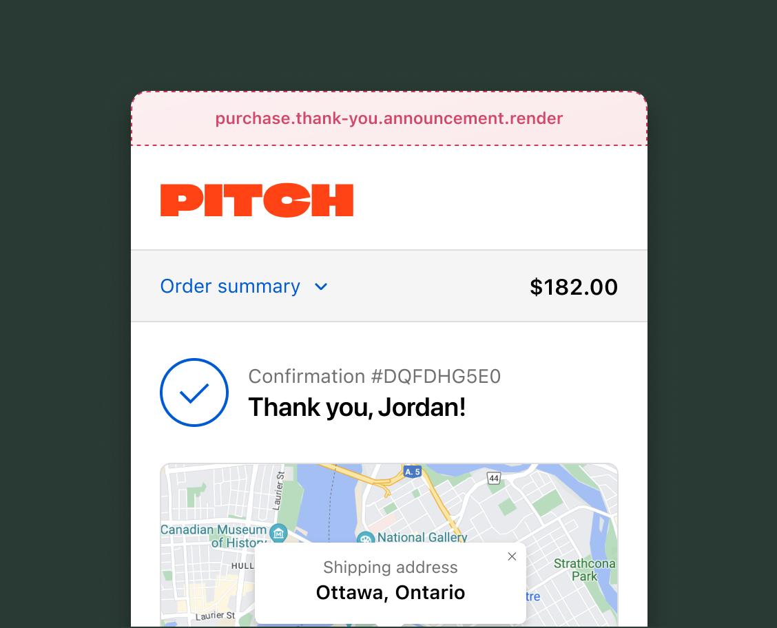 Thank you page showing a store logo with the purchase.thank-you.announcement.render target slot at the very top of the page, above the header.
