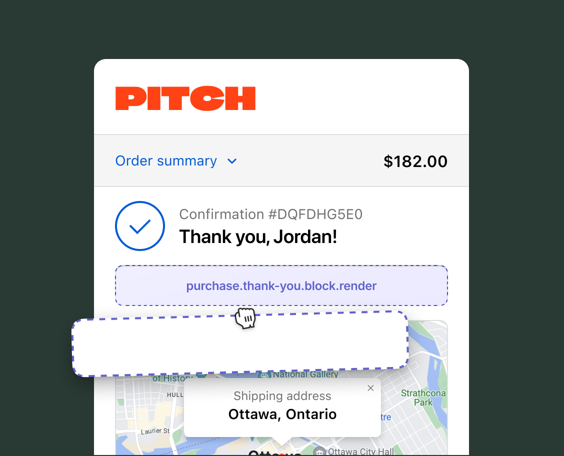 Thank you page showing an order confirmation message with the purchase.thank-you.block.render target slot below the confirmation heading.