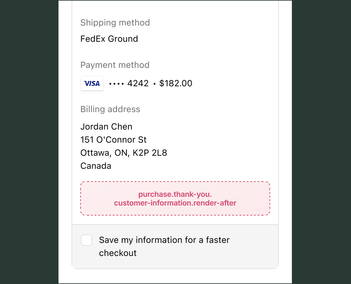 Thank you page showing shipping method (FedEx Ground), payment method (Visa card ending in 4242), and billing address details, with the purchase.thank-you.customer-information.render-after target slot below the customer information section.