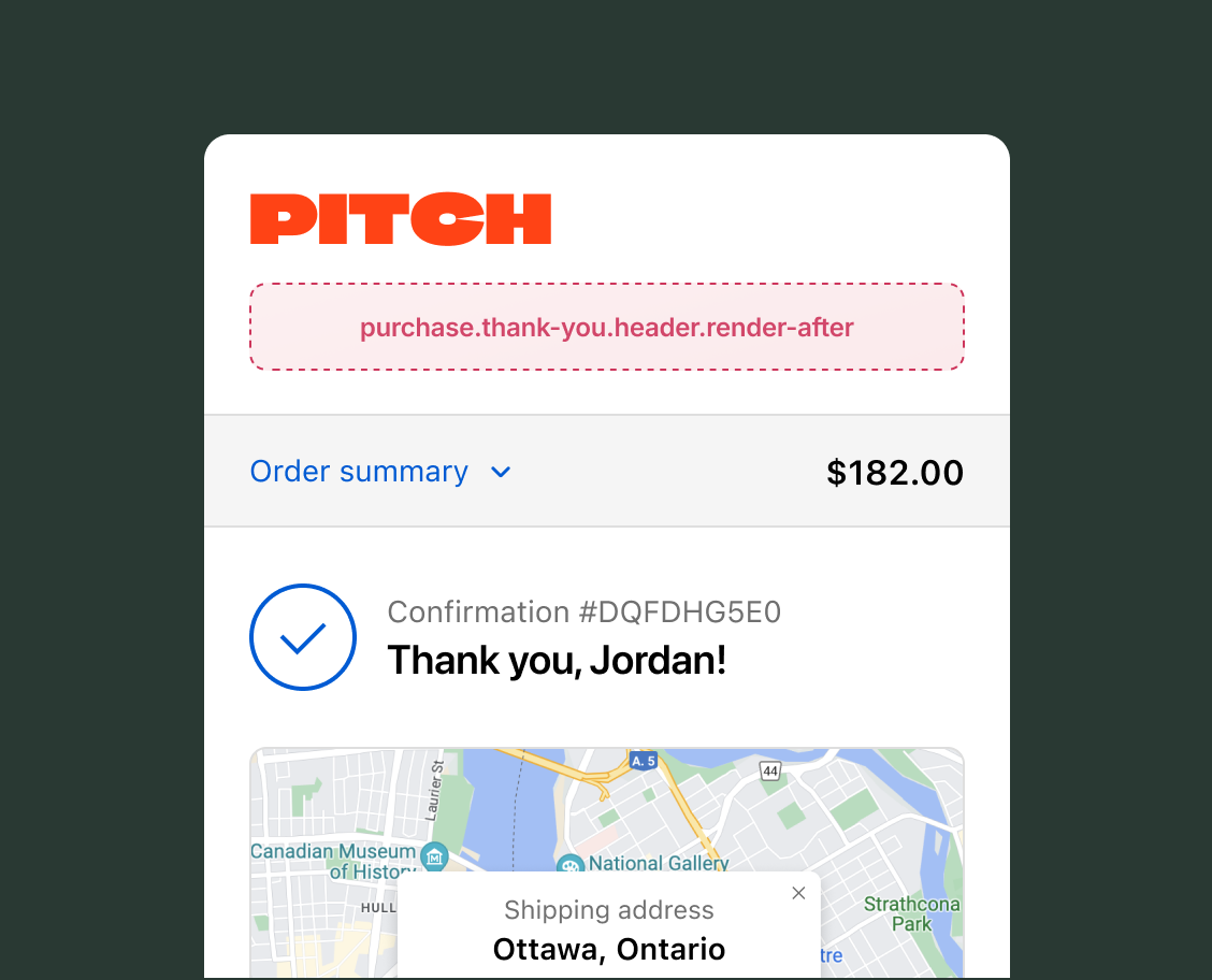Thank you page showing the store logo with the purchase.thank-you.header.render-after target slot directly below the header logo, above the order summary.