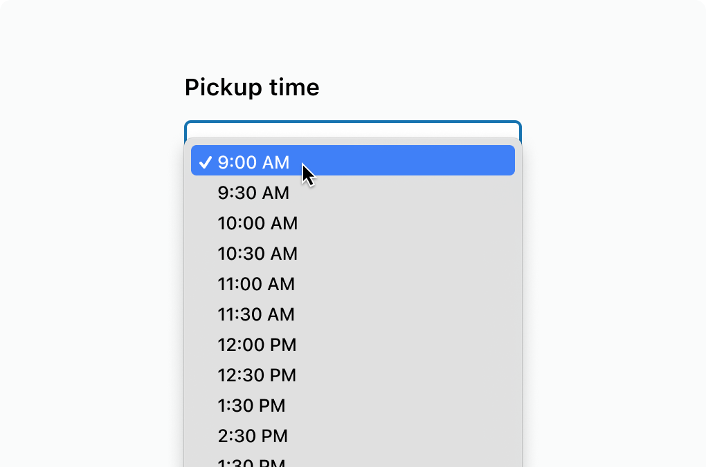 A select dropdown displaying a list of time slot options