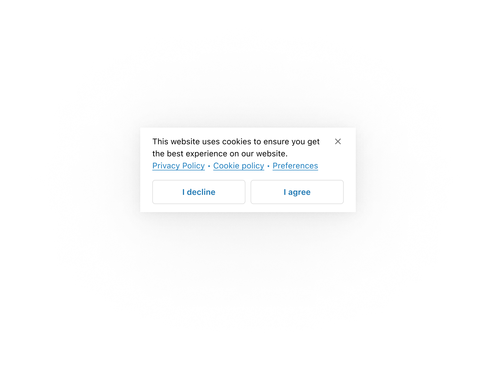 A sheet with privacy policy, cookie policy, and preferences links in the content area.