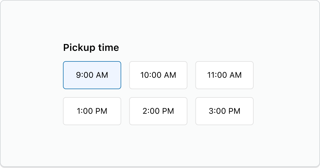 A toggle button group displaying time slot options in a grid layout