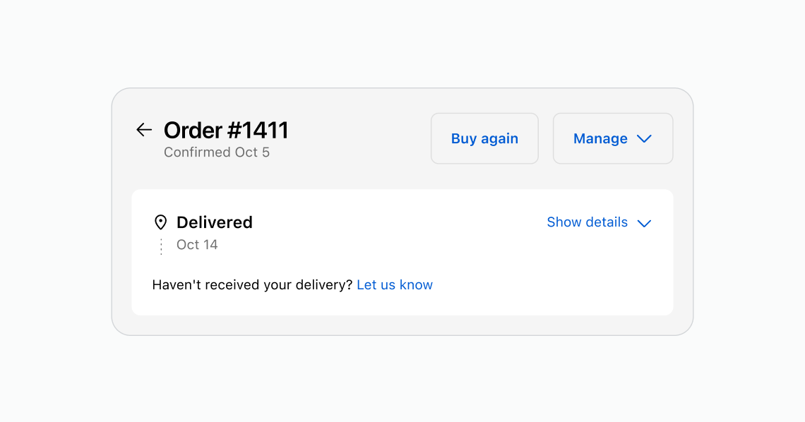 A full page layout with an Order heading, action buttons, delivery status, and body content.