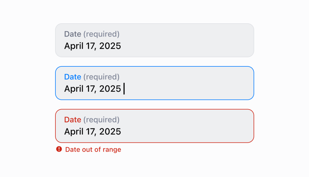 Collect date information using a text-based input field with built-in validation. This example shows how to implement a DateField that supports both manual text entry and picker selection, providing merchants with flexible date input options for scheduling, filtering, or data entry tasks.