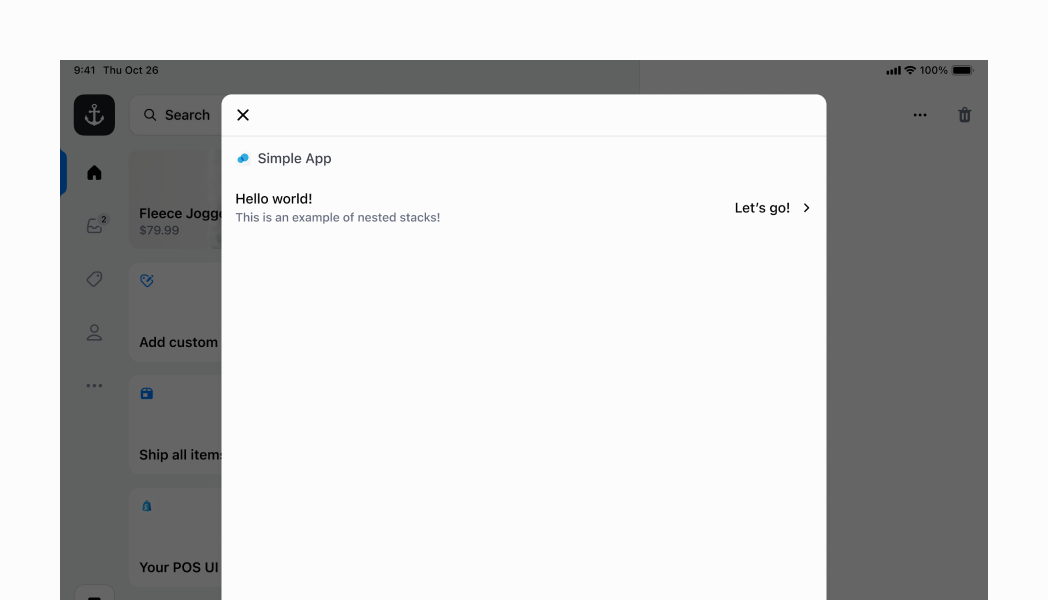 Nest multiple stacks to build sophisticated layouts. This example creates a tappable row using an inline parent stack with \`justifyContent='space-between'\` and \`inlineSize='100%'\` containing two child stacks: a block stack (left) with gap 100 for labels, and an inline stack (right) with gap 600 for text and icon. The entire structure is wrapped in a Selectable component for tap interaction with visual highlight.