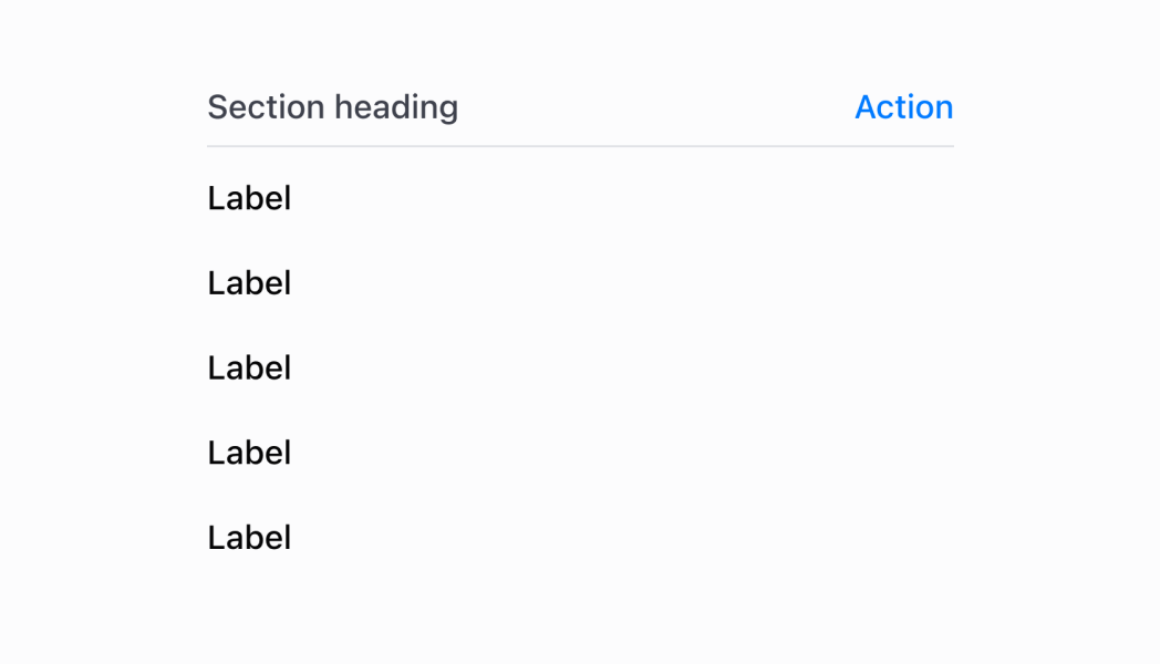 Organize content into clearly-defined thematic areas using sections. This example demonstrates grouping related content with titles and optional actions, creating visual boundaries and structured layouts that help merchants navigate complex interfaces.