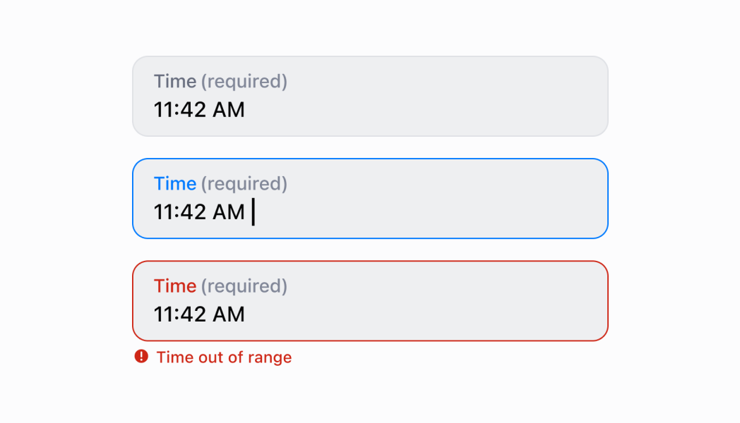 Collect time information using a text-based input field with built-in validation. This example shows a TimeField that supports both 12-hour and 24-hour formats based on locale, with time picker integration and keyboard shortcuts for scheduling and time-sensitive operations.