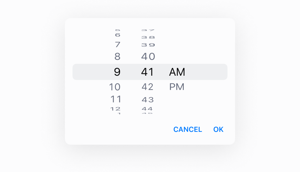 Enable time selection using an interactive picker interface. This example demonstrates a TimePicker that provides a visual, touch-friendly way to select hours and minutes, making time selection faster and more accurate than text-based input for scheduling workflows.