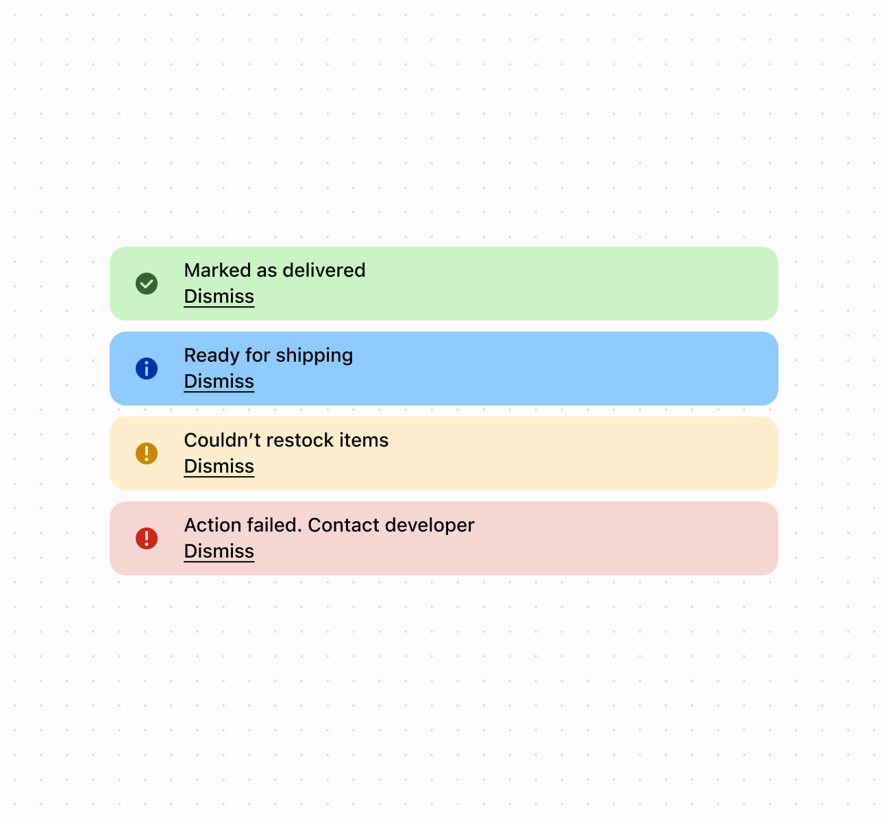 Display important messages using a banner component with automatic color coding based on message severity. This example shows a basic banner with a heading and descriptive text.