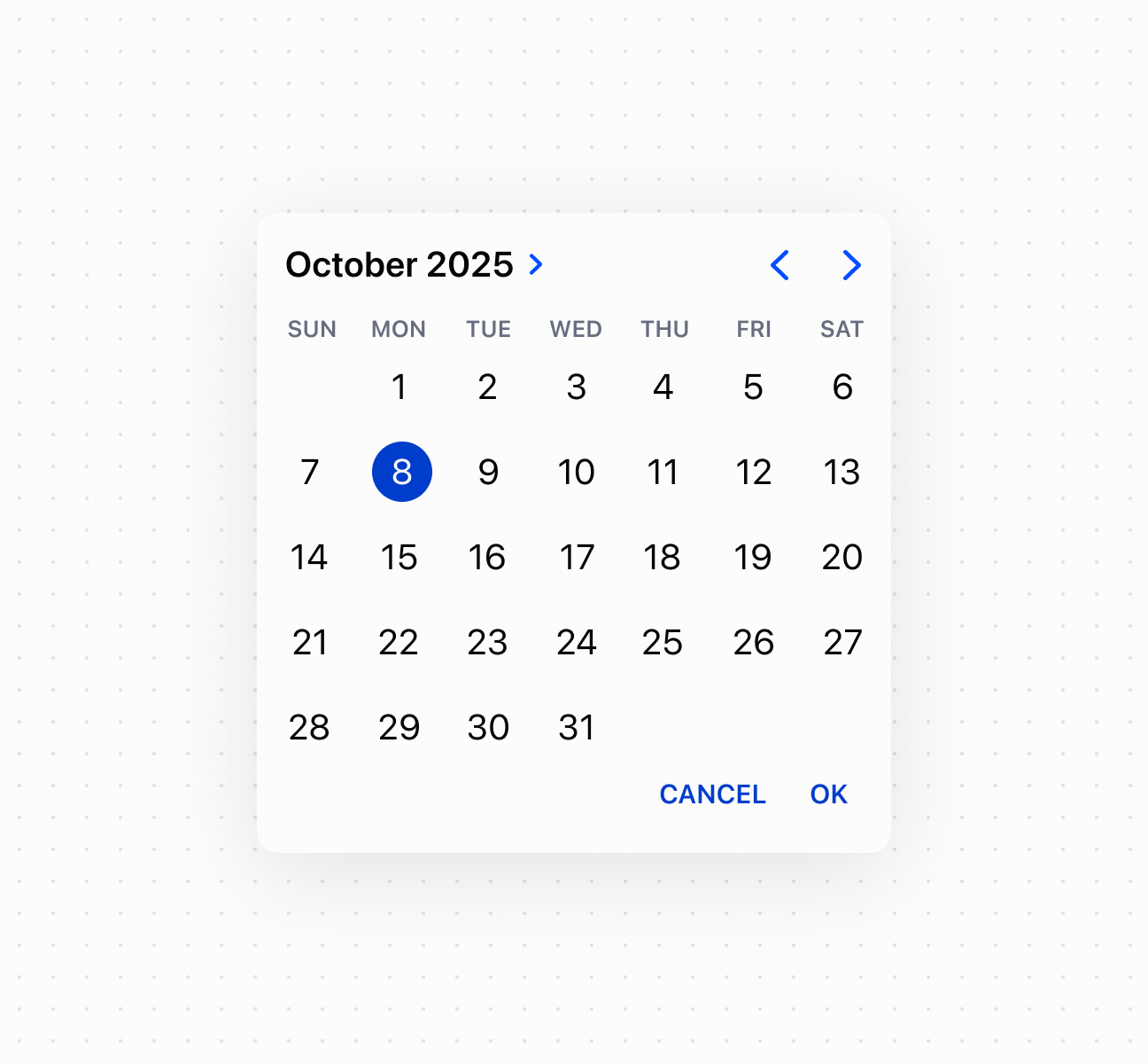Enable visual date selection using a date picker component with a calendar interface. This example shows a basic date picker with month view and date selection.