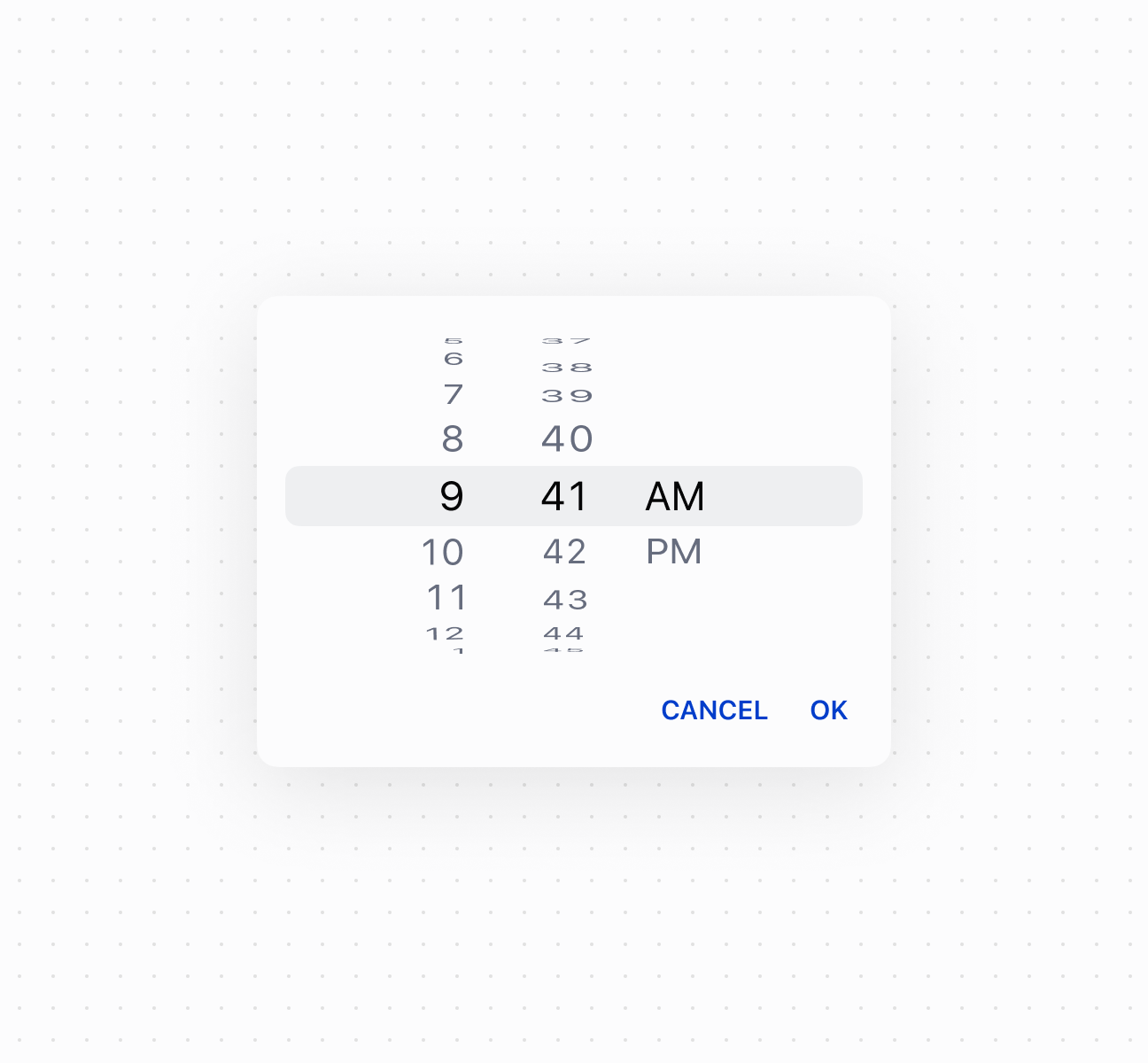 Select times using a time picker component. This example shows a basic time picker for selecting hours and minutes.