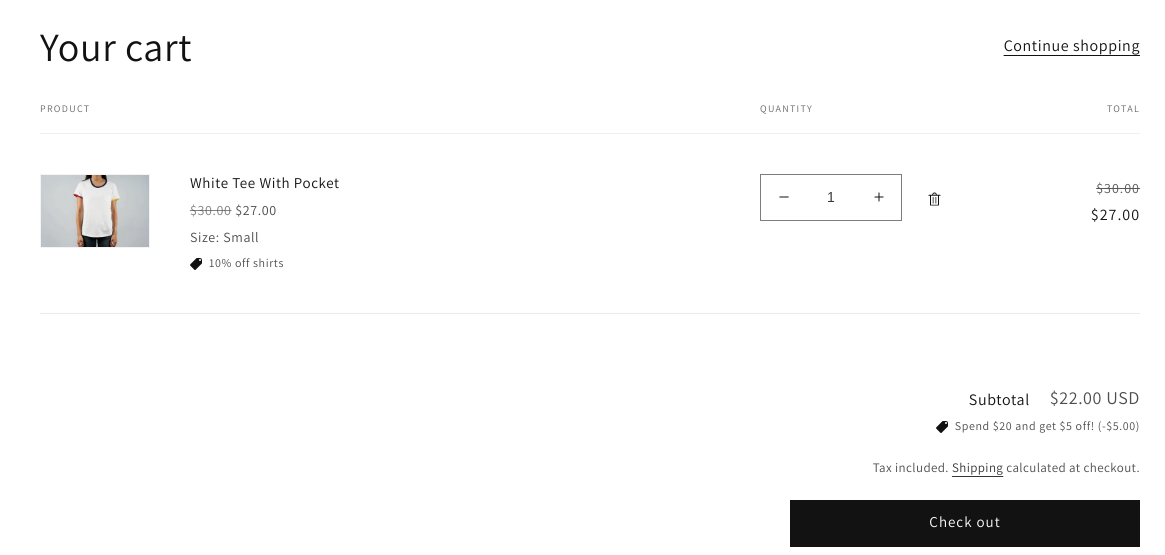 Cart page with a shirt added to the cart. A discount applies directly to the shirt line item in the cart, while another discount applies to the cart as a whole.