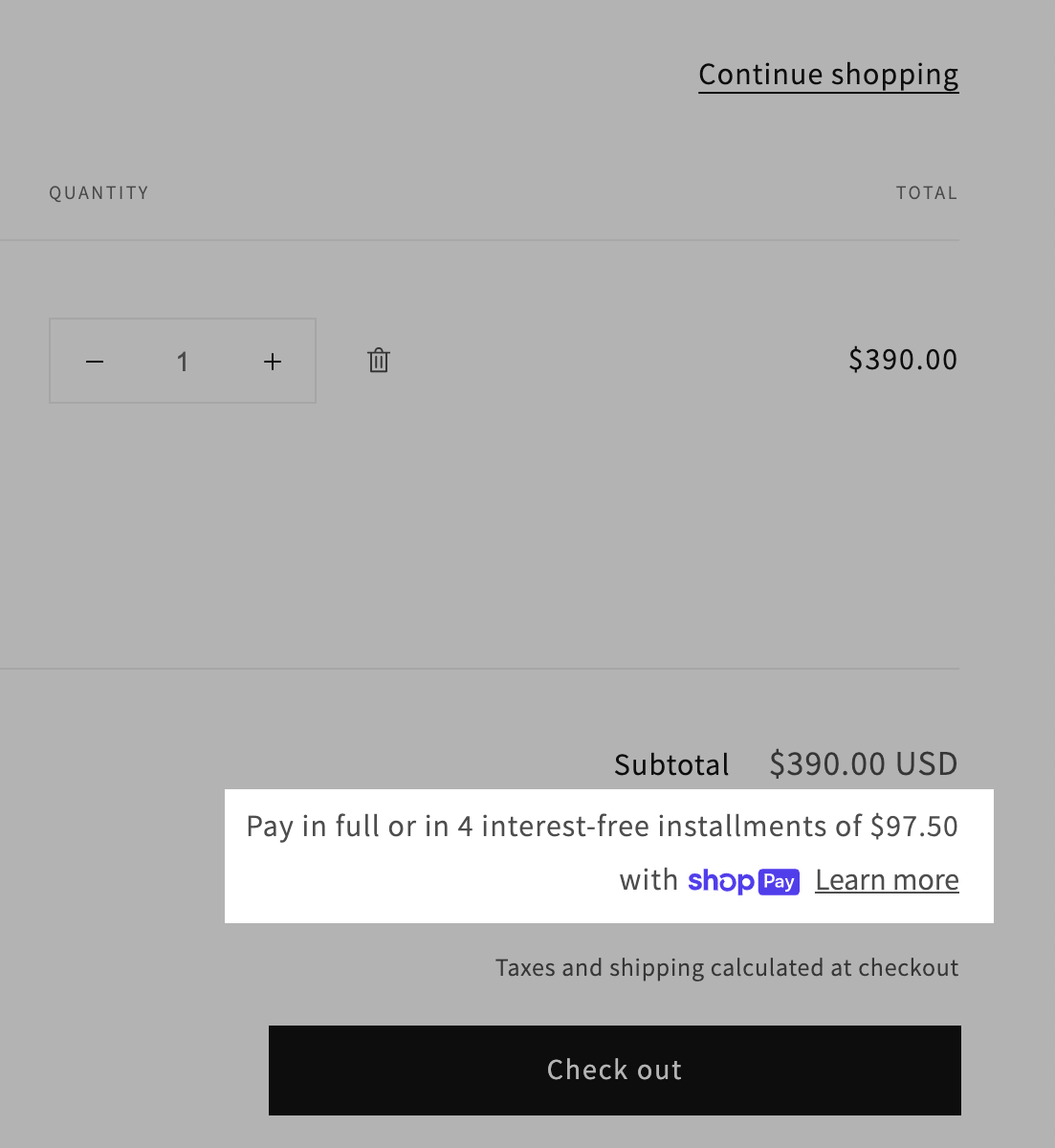 Shop Pay Installments banner on the cart page