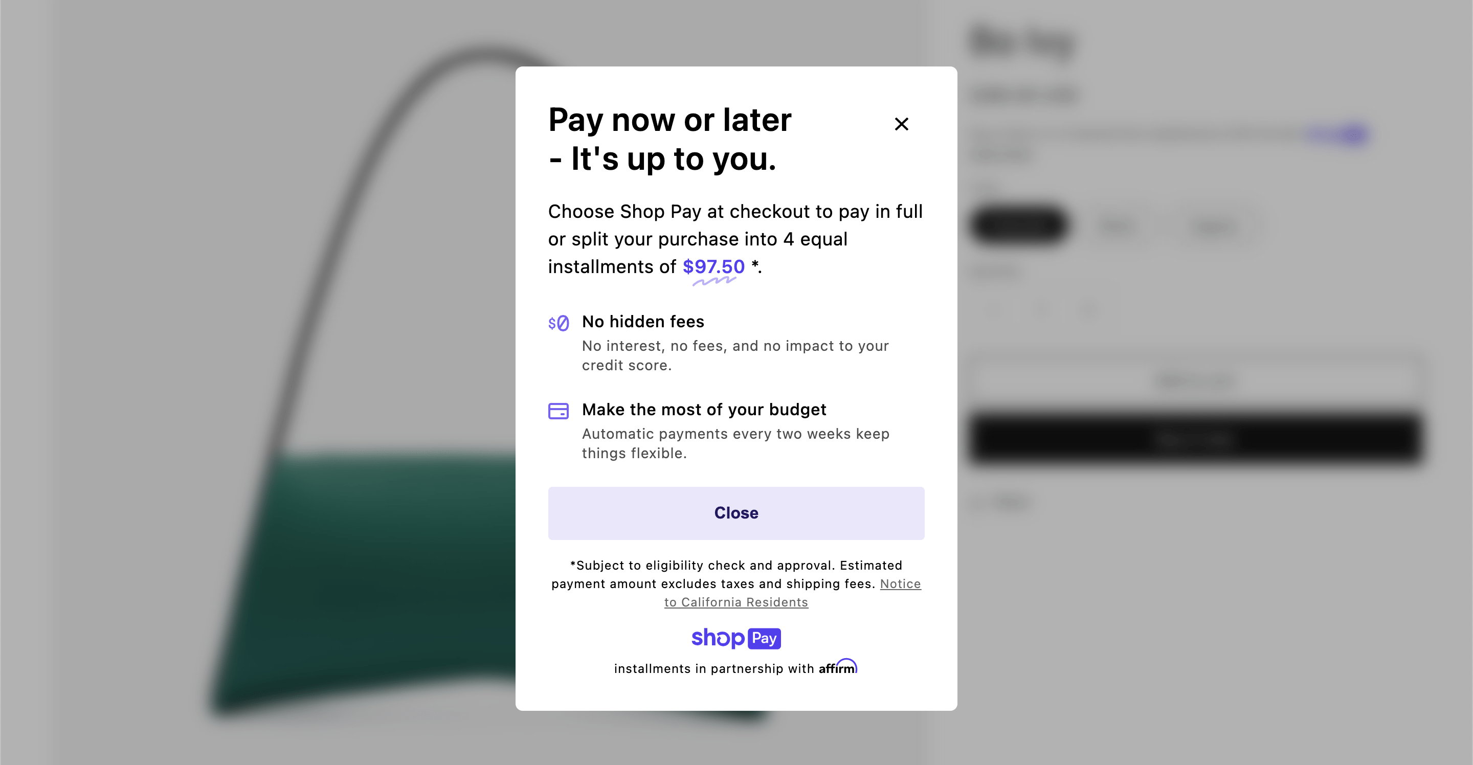 Shop Pay Installments banner 'Learn more' pop-up