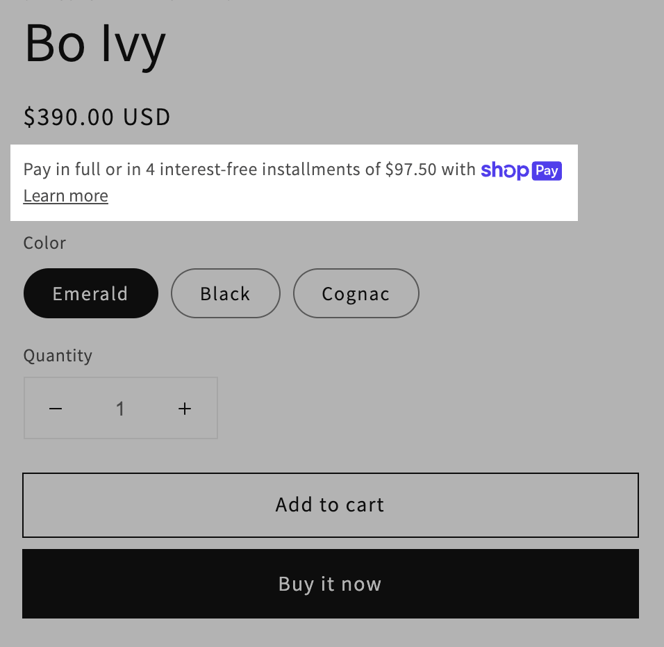 Shop Pay Installments banner on the product page