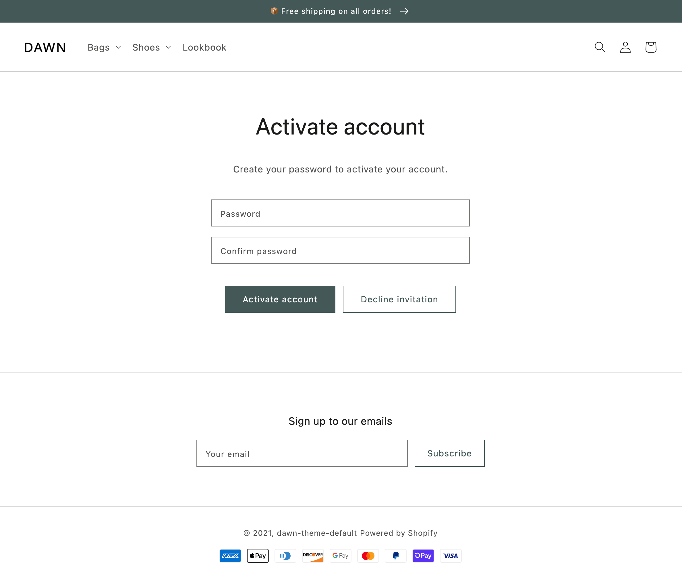 An example of the customers/activate\_account template in Dawn