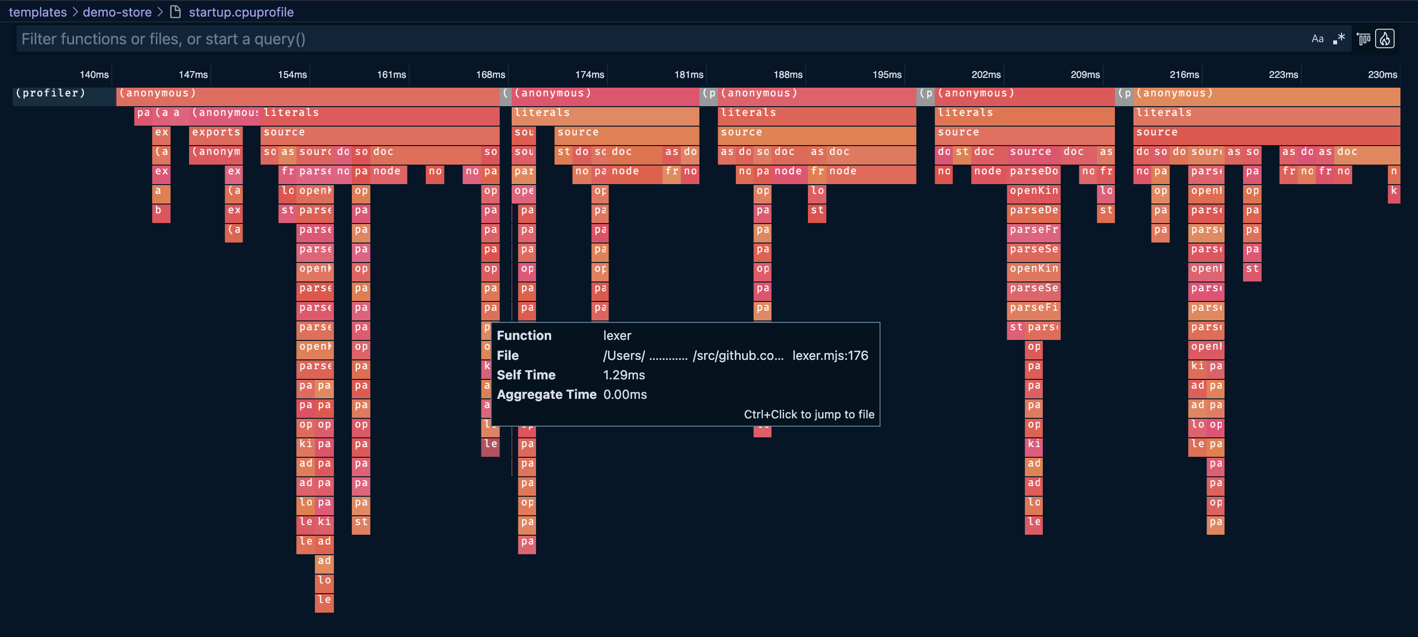 CPU startup time flamegraph report.