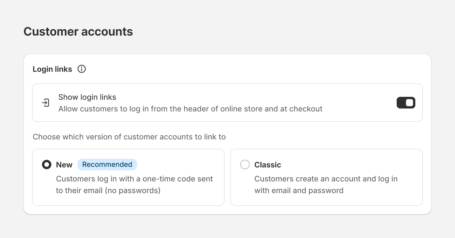 An image of Customer account settings and new customer accounts selected