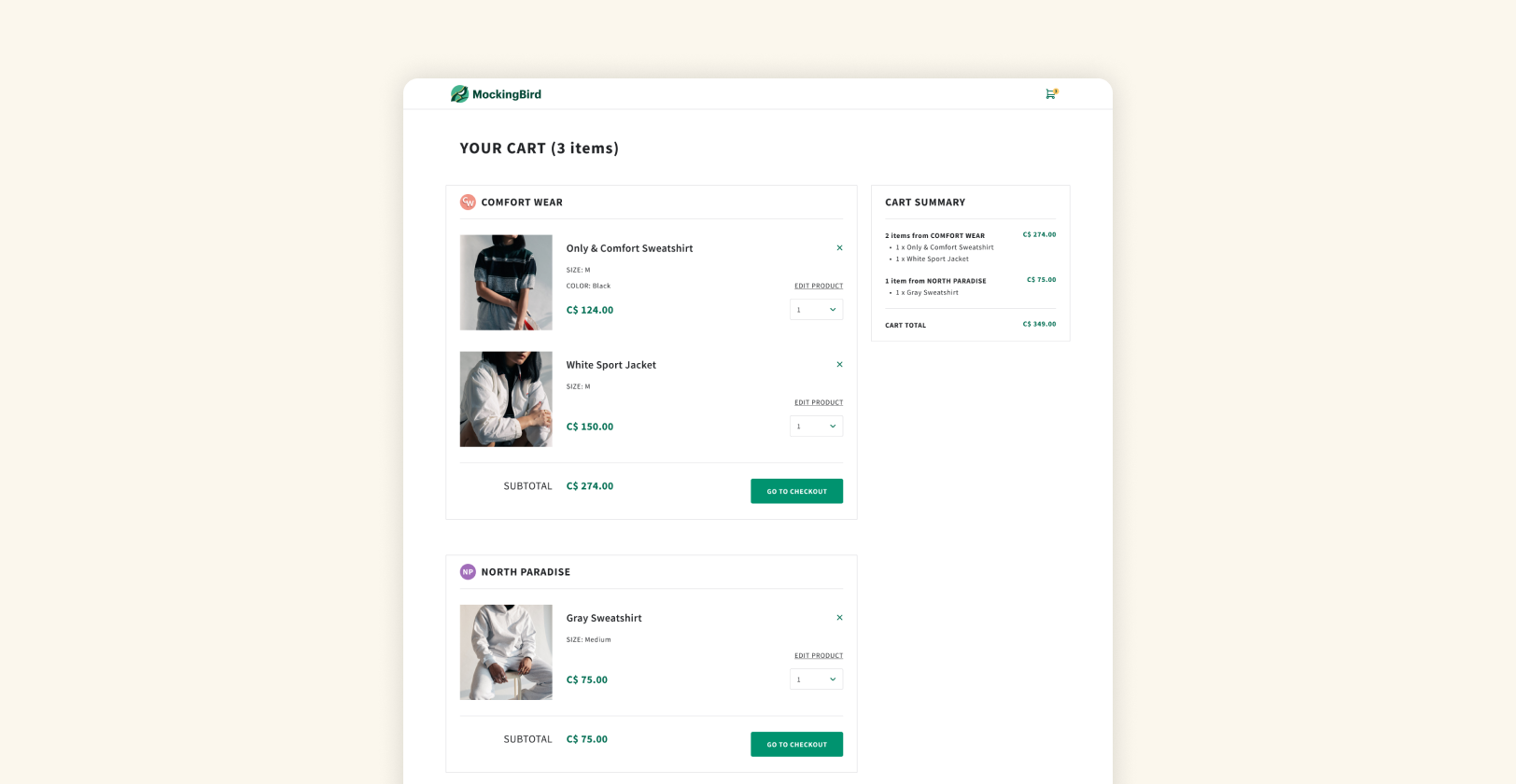 An image of the marketplace cart page with products from multiple merchants' shops