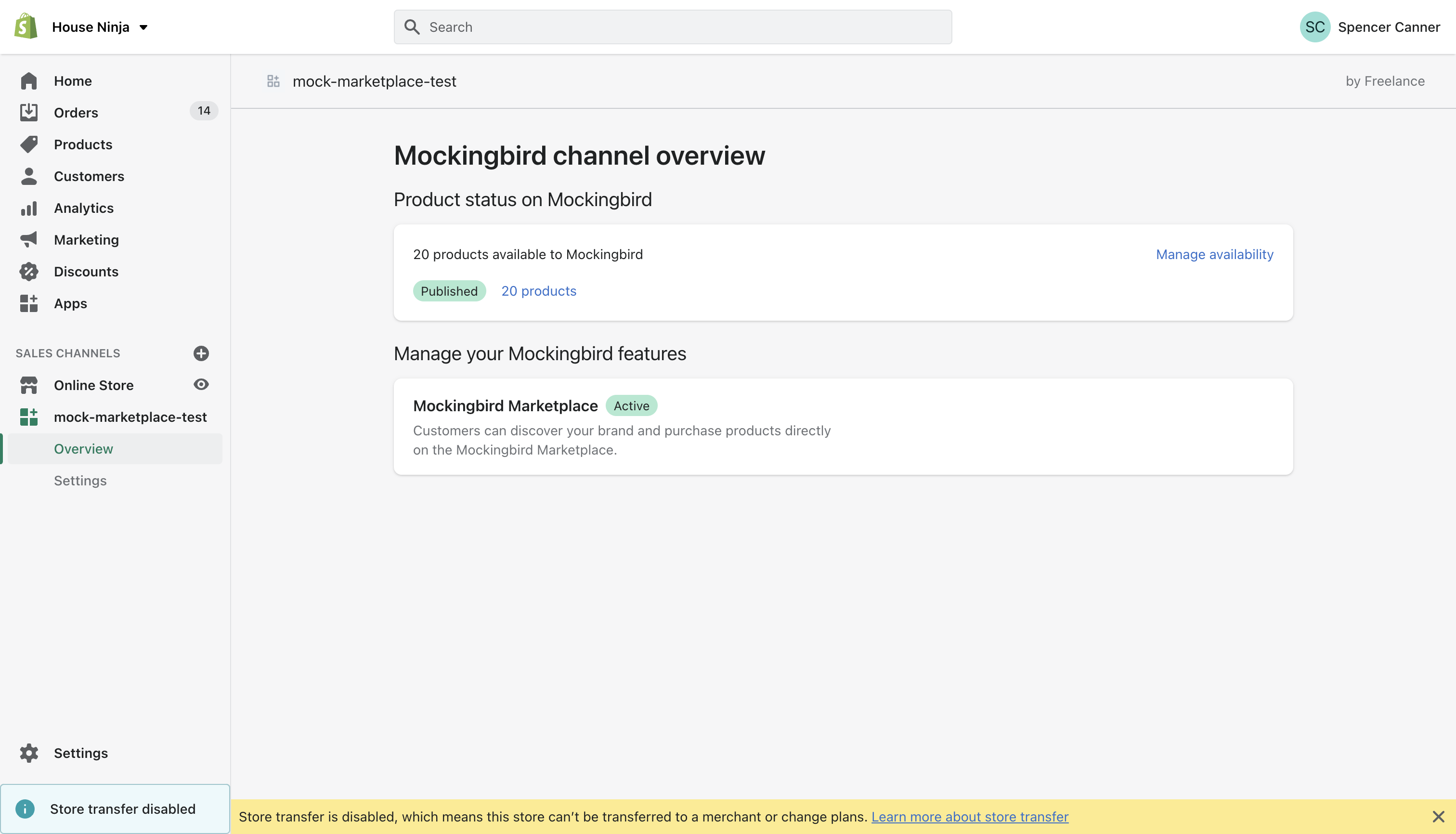 The channel overview of the demo store Mockingbird which demonstrates the options available to users after clicking on the sales channel. It has a section displaying Product Status for Mockingbird and a section for managing features. 