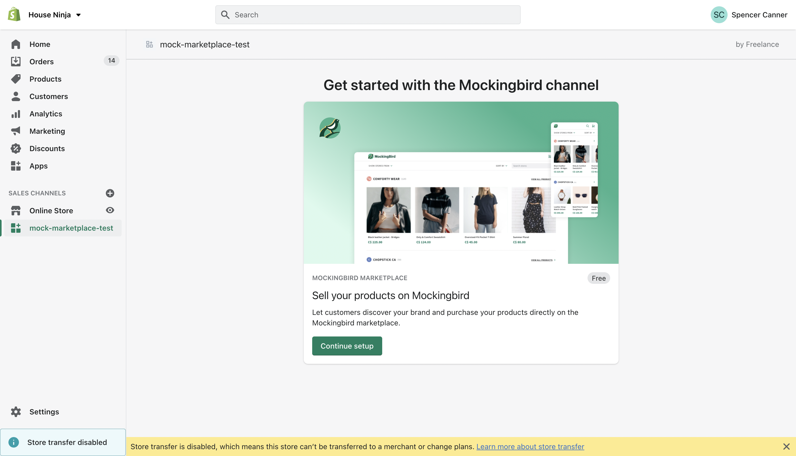An overview demonstrating how to access a channel app with a demo store called Mockingbird. The channel appears under the online store in sales channels of Shopify admin. 