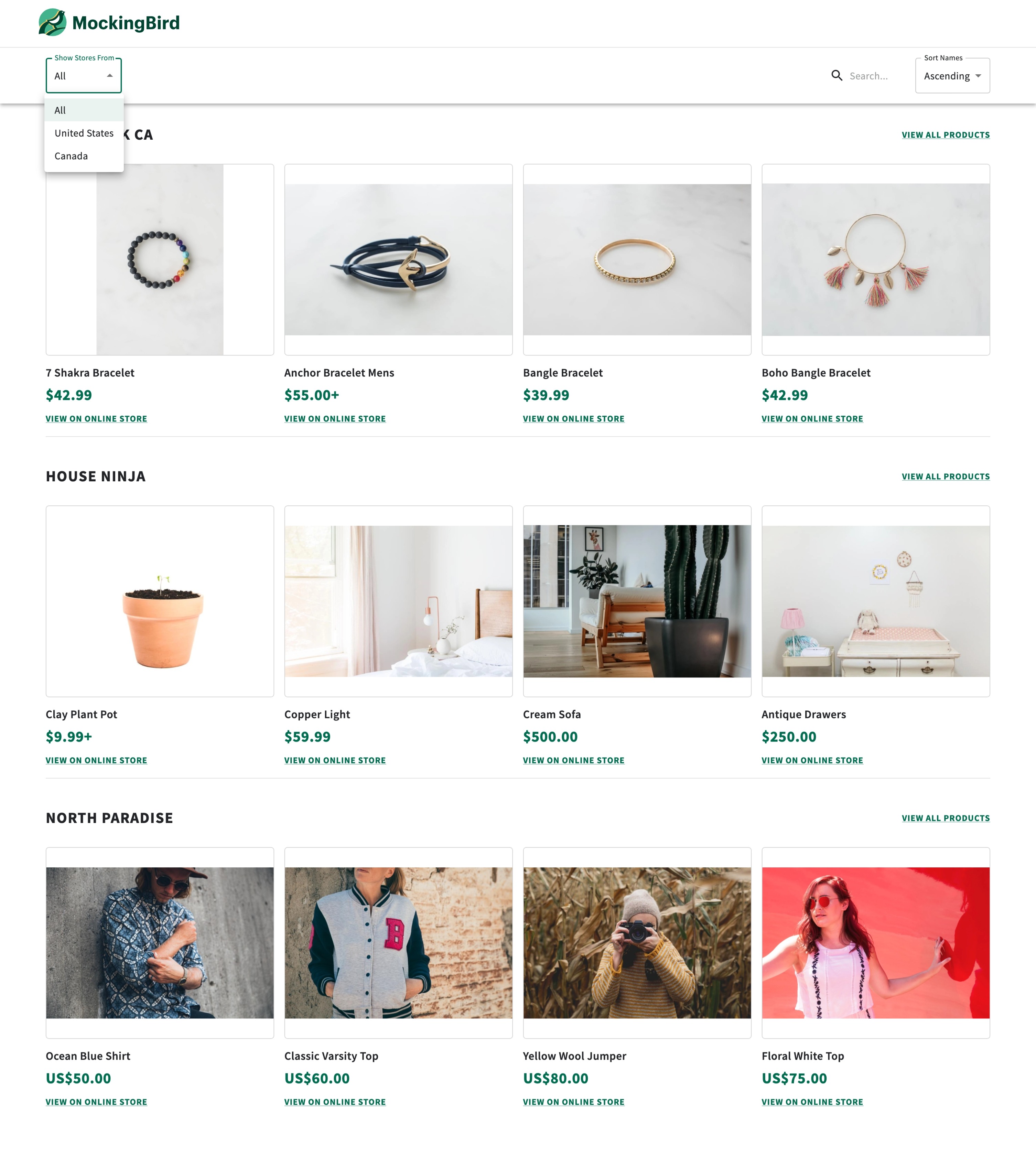 An image of the marketplace homepage with a country filter dropdown list