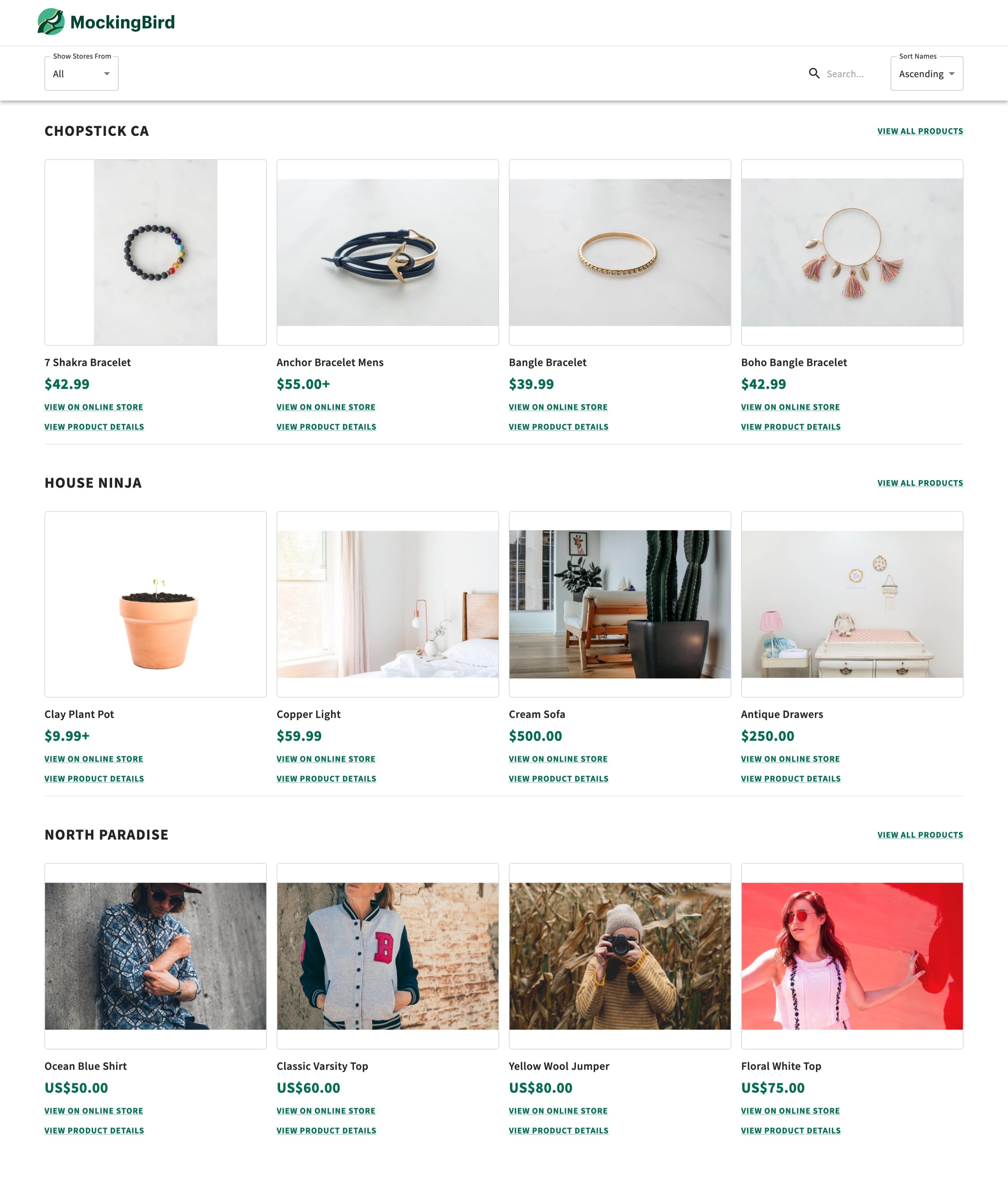 An image of the marketplace homepage where products include a link to view product details